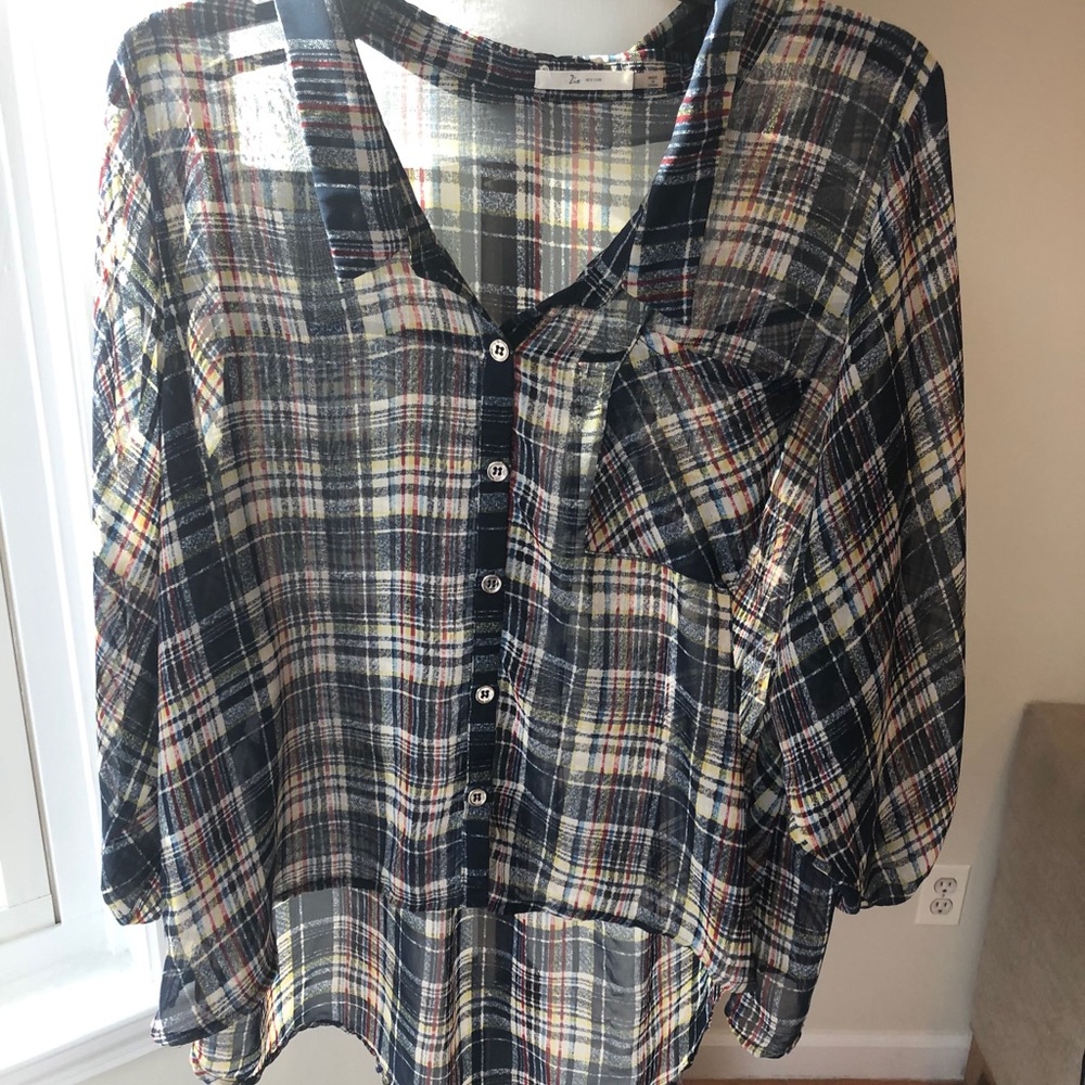 Sheer plaid collared blouse (M)